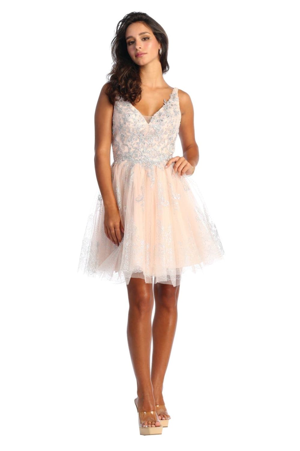 Blush/Silver V-Neck Short Tulle Homecoming Cocktail Dress Embroidery May Queen MQ1817