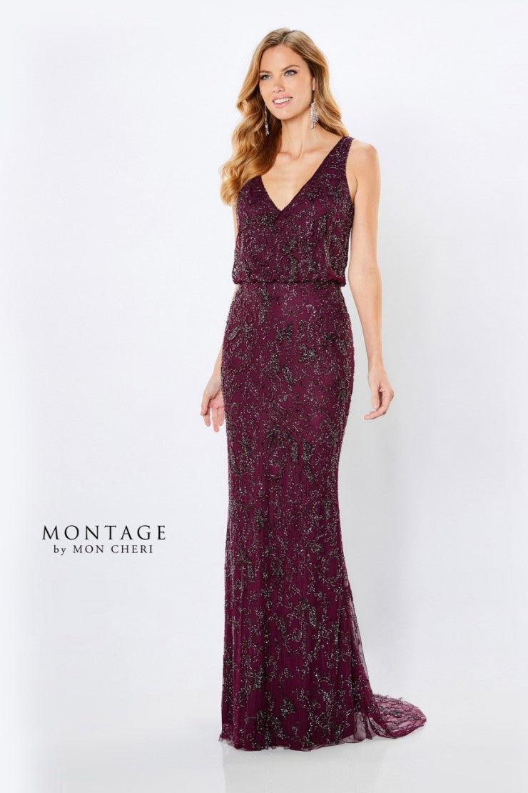 Montage 221966 Long Beaded Blouson Formal Dress - Wine / 20 Montage 221966 Long Beaded Blouson Formal Dress - Wine / 20