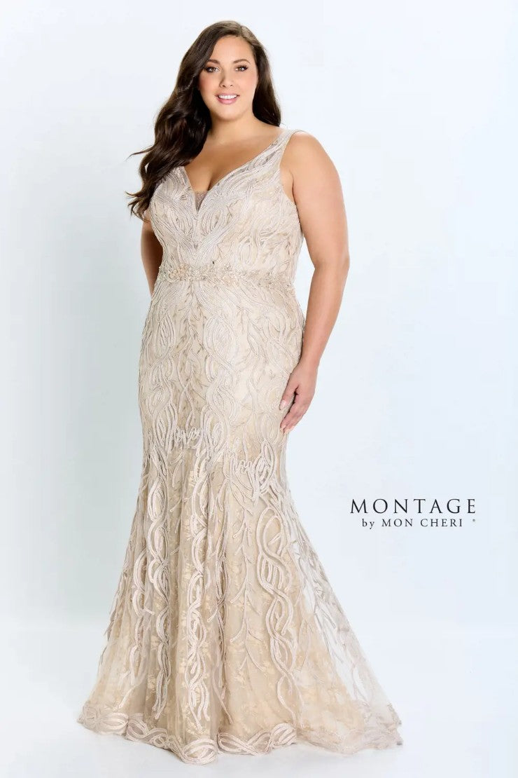 Montage 120921 Long Beaded Lace Metallic Evening Formal Dress
