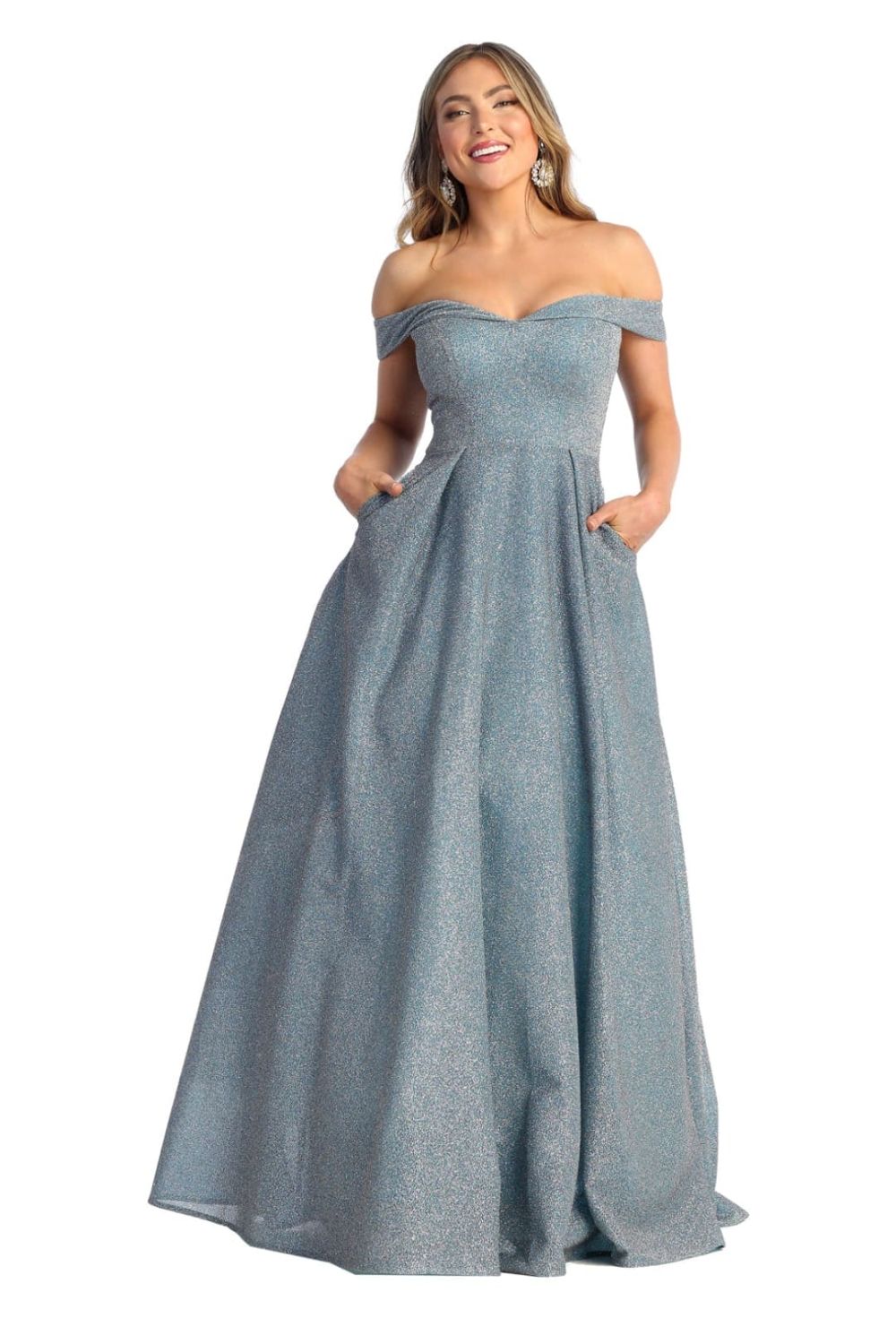 Dusty Blue Off-the-Shoulder Floor-Length Glitter Prom Dress A-Line May Queen MQ1915