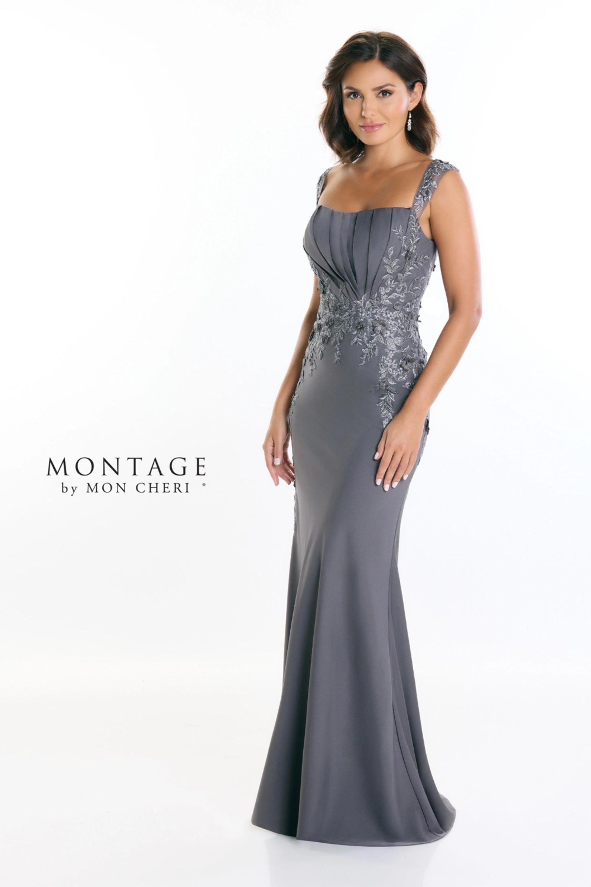 Montage M521 Beaded Long Formal 3D Floral Applique Evening Dress