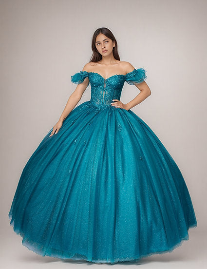 Quinceniera Dresses Long Glitter Corset Ball Gown Quinceniera Dress Nina Canacci Q2025 Peacock