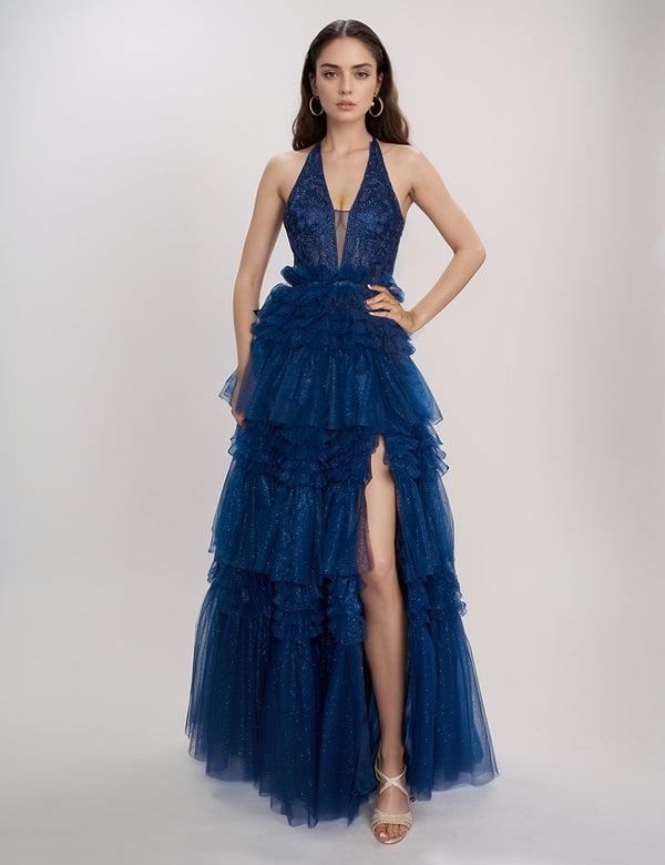 Nina Canacci 5309 Long Layered Formal Prom Ruffle Slit Dress