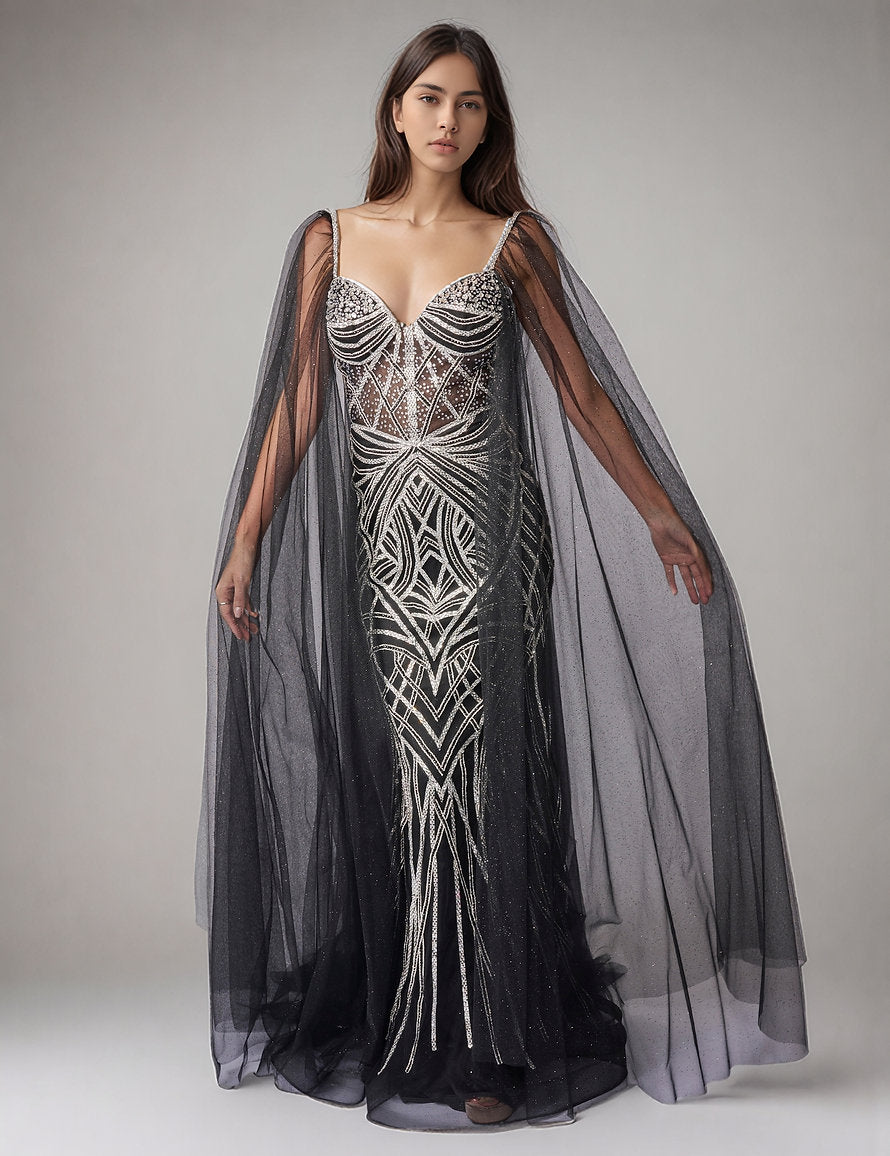 Mother of the Bride Dresses Beaded Long Formal Mother of the Bride Dress - Cape - Nina Canacci 8305 Black/Silver-Satin-8305-Beaded