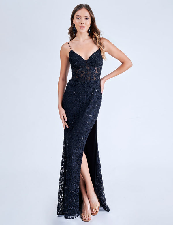 Nina Canacci 1568 Long Lace Formal Slit Prom Dress
