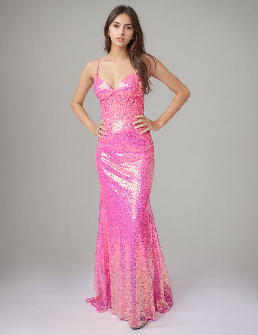 Prom Dresses Sequin Fitted Long Formal Prom Dress - Corset - Nina Canacci 8304 Bubble Gum-Sequin-8304-Floral