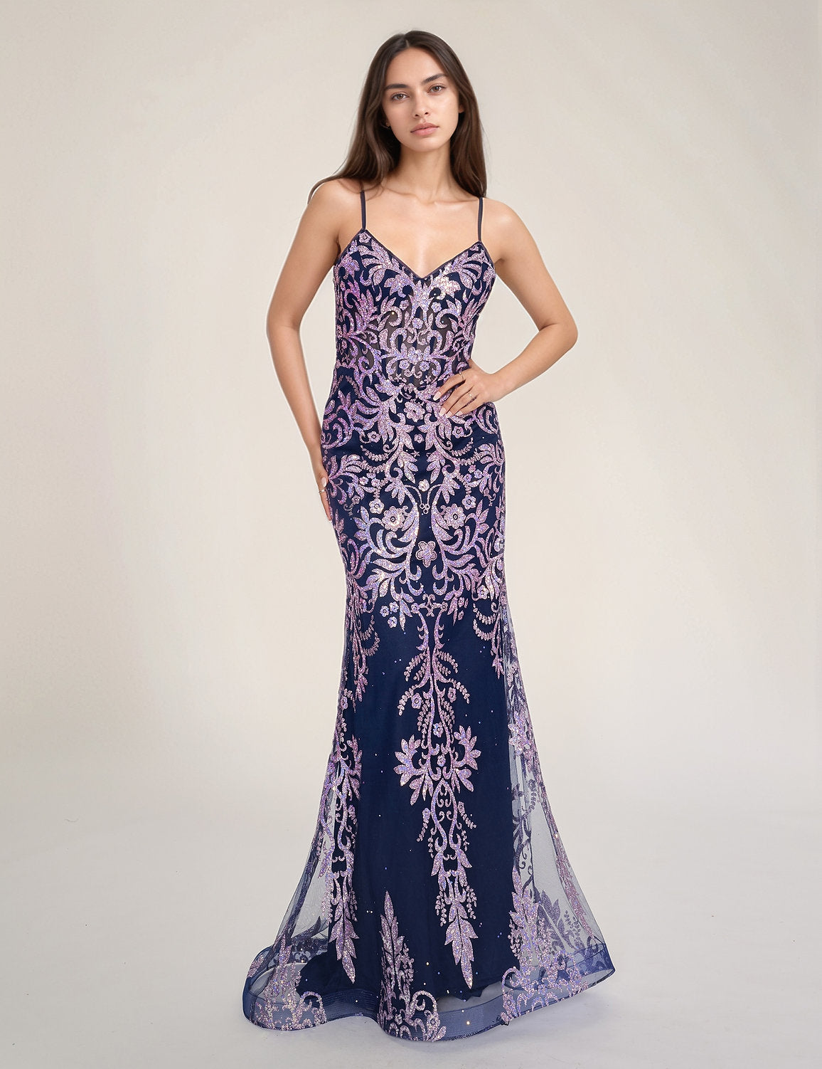 Prom Dresses Prom Long Formal Fitted Lace Dress Navy/Lilac