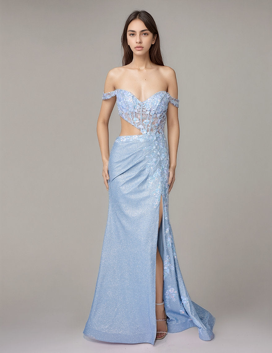 Prom Dresses Floral Corset Slit Long Formal Prom Dress Nina Canacci 1618 Baby Blue
