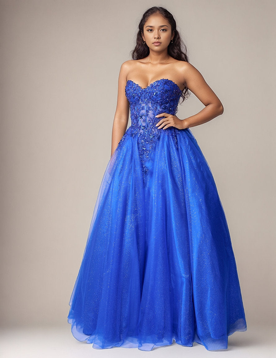Prom Dresses Beaded Long Formal Ball Gown Prom Dress - Floral - Nina Canacci 8308 Royal-Tulle-8308-Beaded
