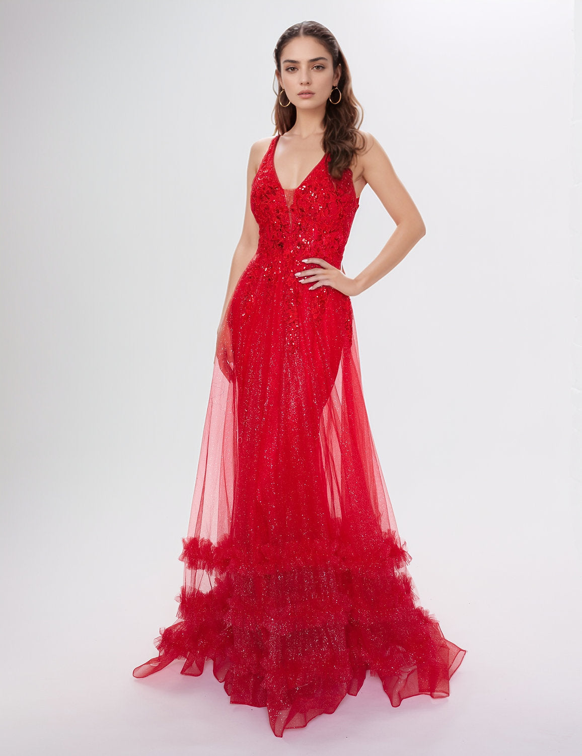 Nina Canacci 7607 Overskirt Long A Line Formal Ruffle Sequin Prom Dress
