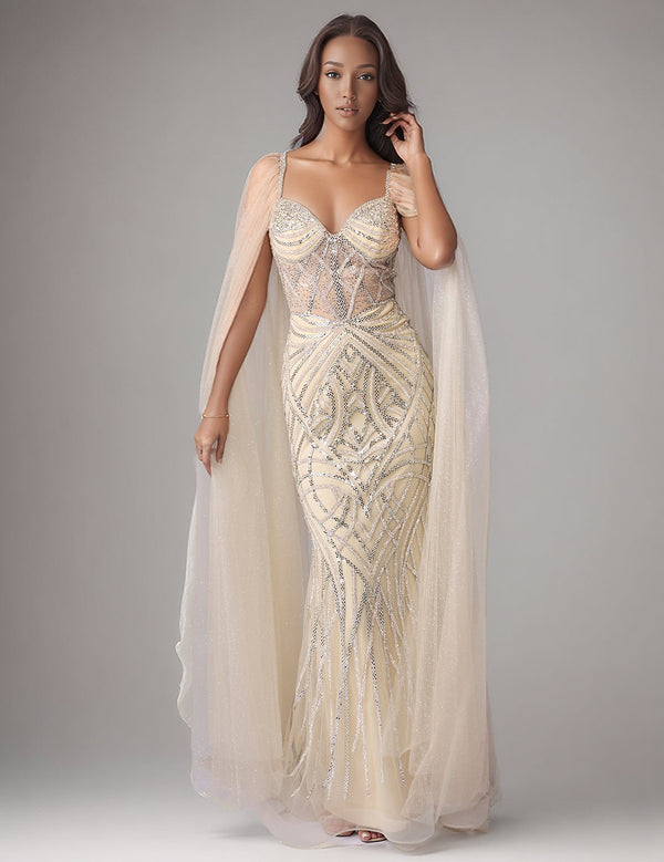 Beaded Long Formal Mother of the Bride Dress Cape Nina Canacci 8305