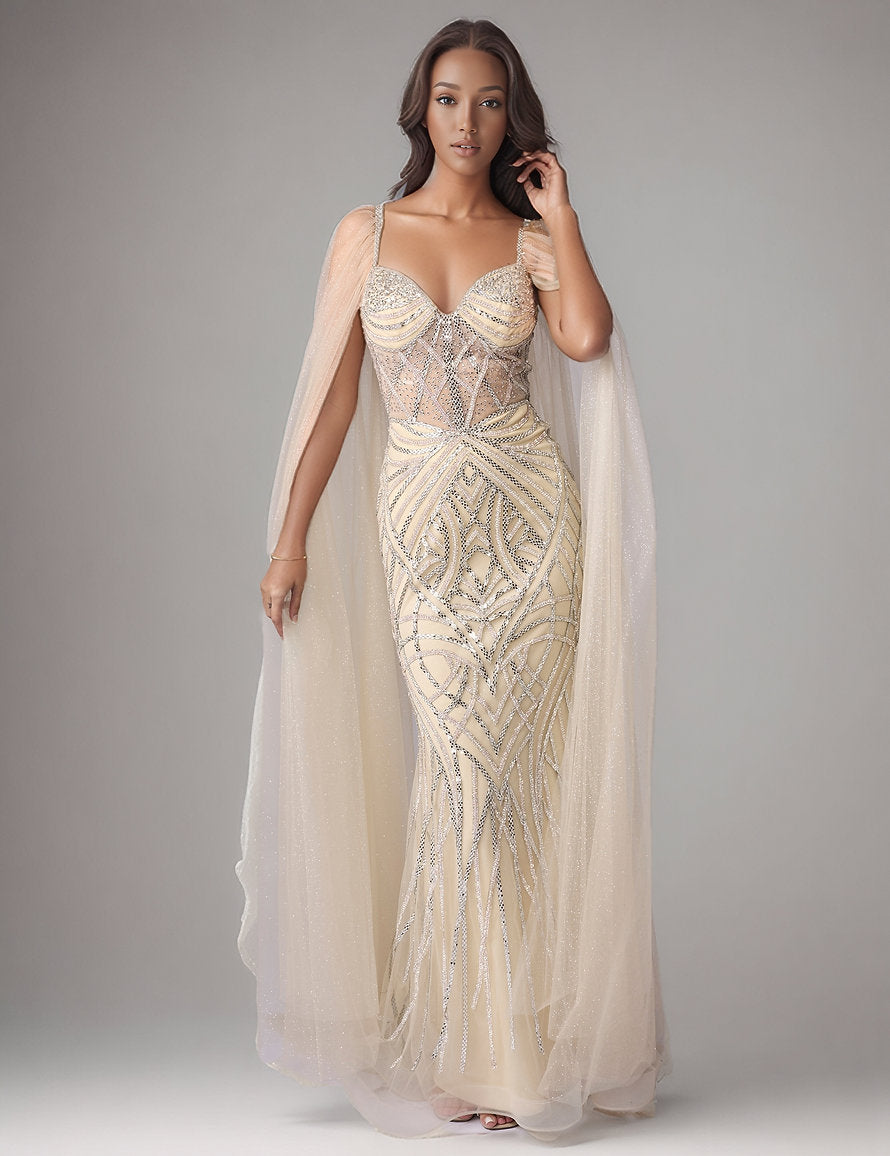 Mother of the Bride Dresses Beaded Long Formal Mother of the Bride Dress - Cape - Nina Canacci 8305 Champagne/Silver-Satin-8305-Beaded