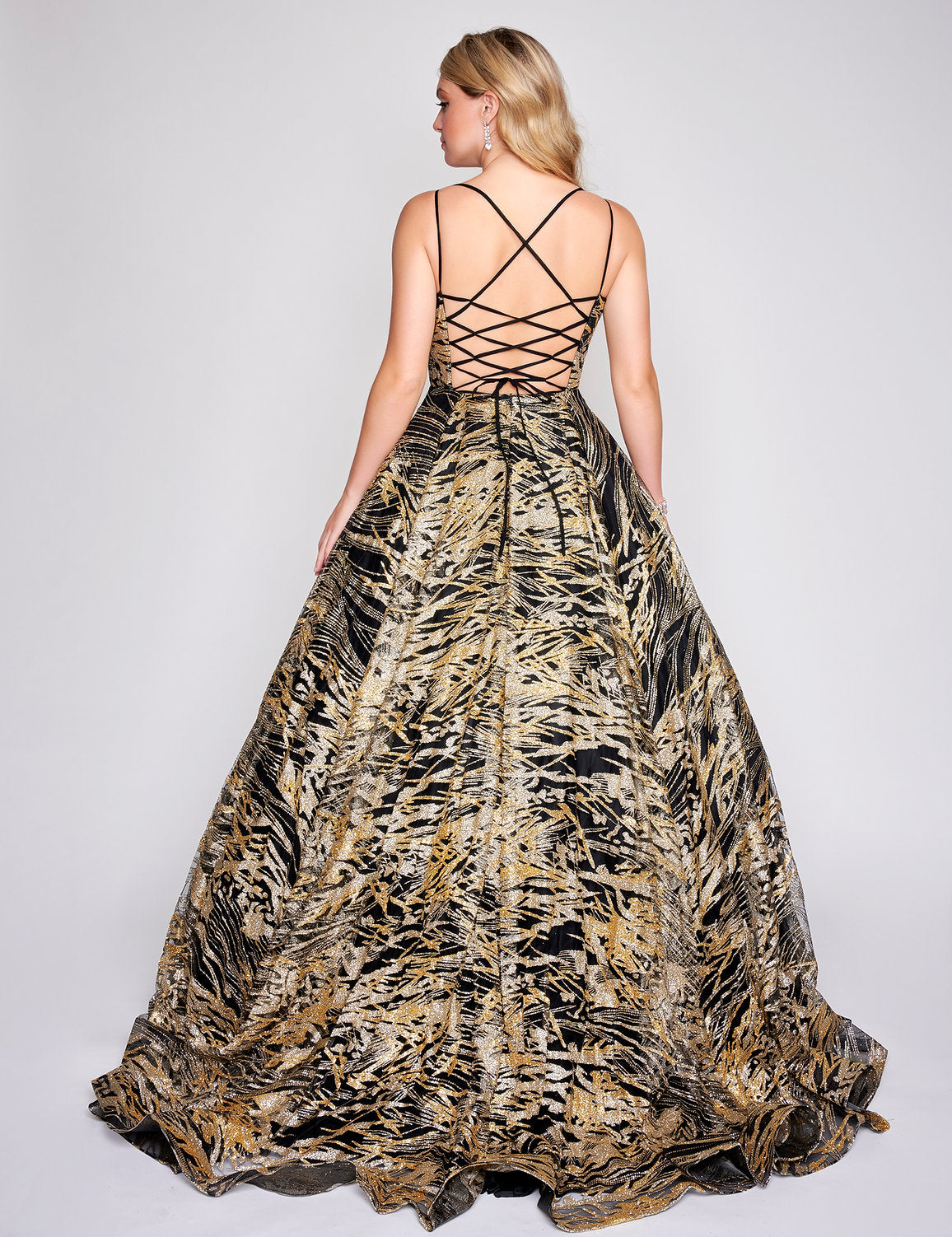 Nina Canacci 8209 A Line Long Glitter Print Formal Prom Dress
