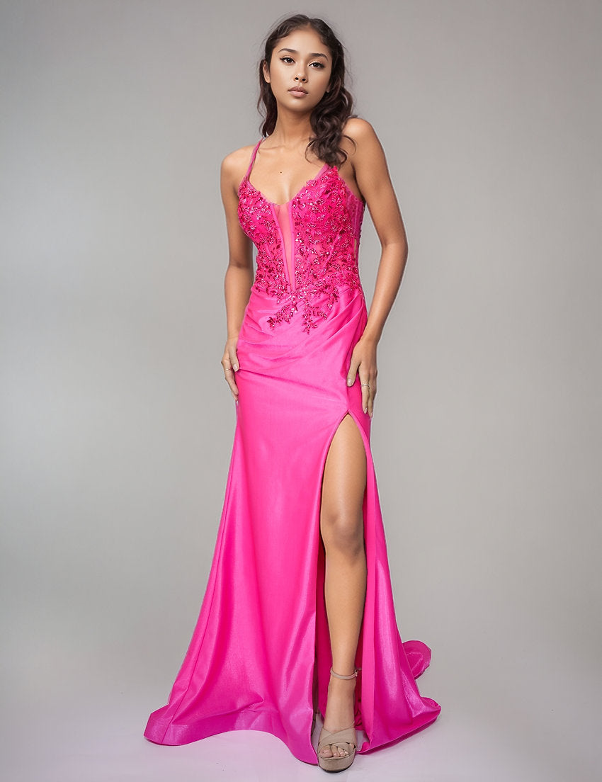 Prom Dresses Long Formal Lace Applique Corset Fitted Prom Dress Nina Canacci 6724 Fuchsia