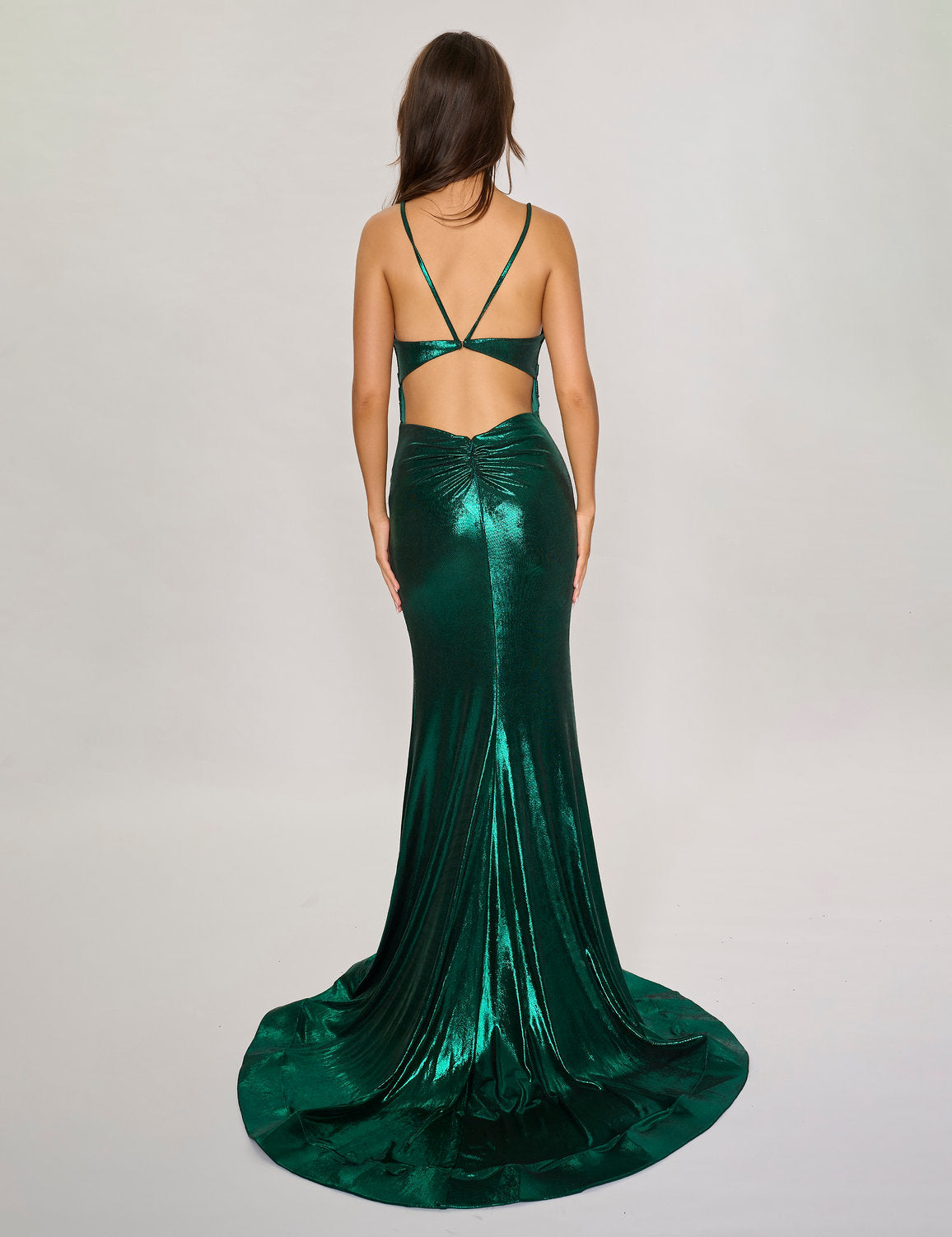 Nina Canacci 7605 Long Slit Formal Prom Metallic Dress