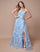 Prom Dresses A Line Long Formal Floral Print Prom Slit Dress  Baby Blue