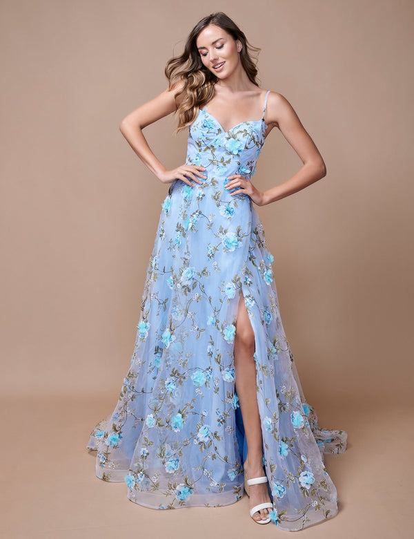 Nina Canacci 9150 A Line Long Formal Floral Print Prom Slit Dress