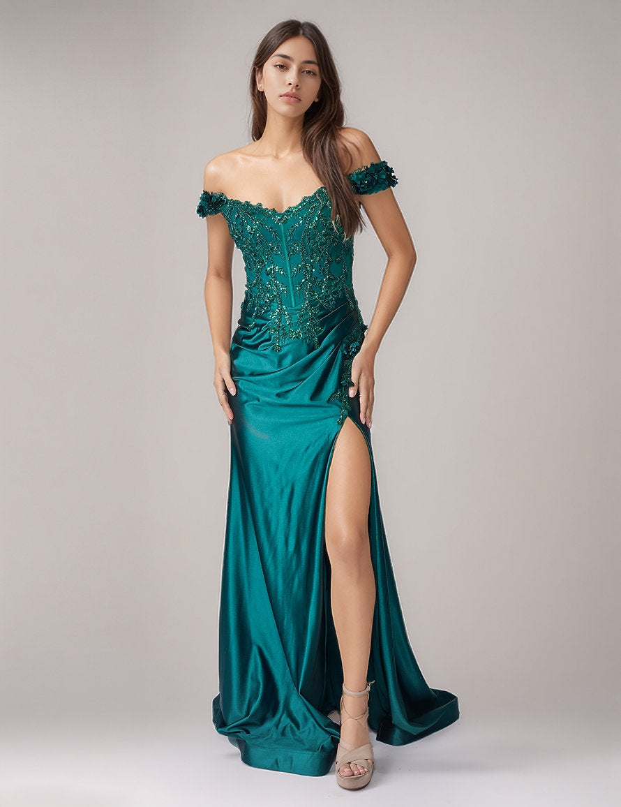 Prom Dresses Long Formal Floral Prom Dress - Beaded - Nina Canacci 9209 Emerald-Satin-9211-Pleated