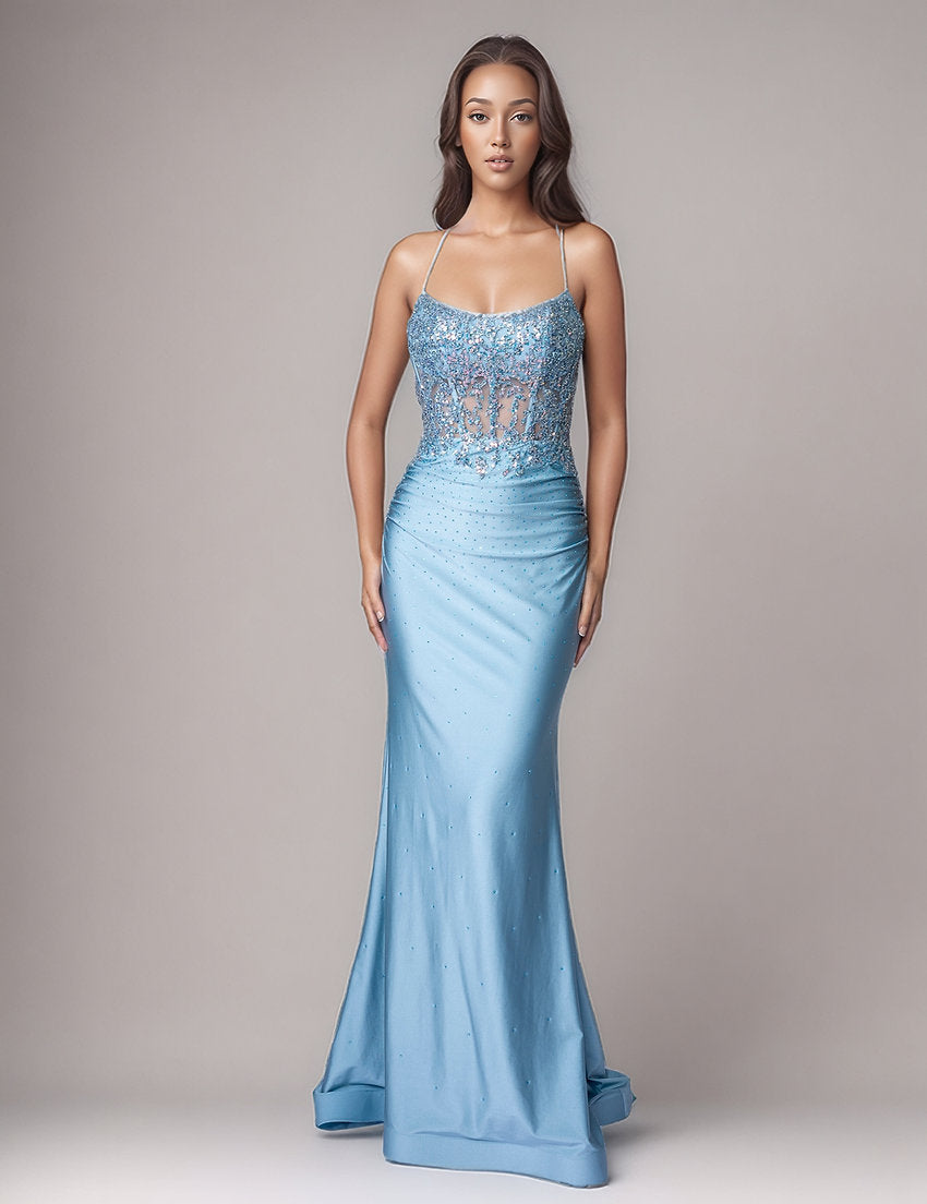 Prom Dresses Long Formal Prom Beaded Corset Fitted Dress Nina Canacci 5408 Dusty Blue
