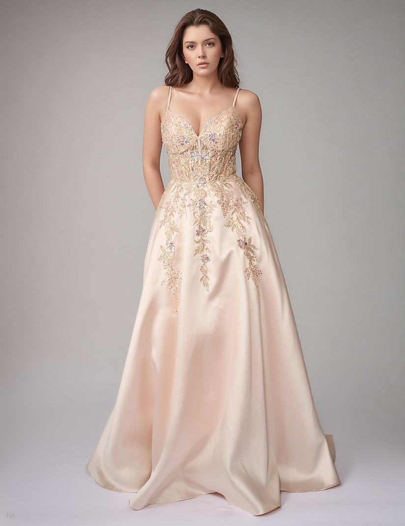 Prom Dresses Long Formal Lace Applique A Line Prom Dress Nina Canacci 3282 Champagne