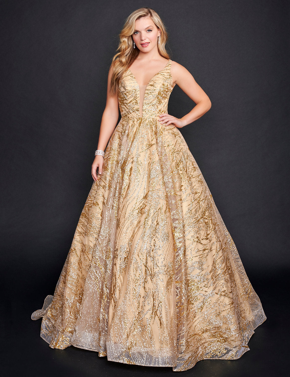 Nina Canacci 8209 A Line Long Glitter Print Formal Prom Dress