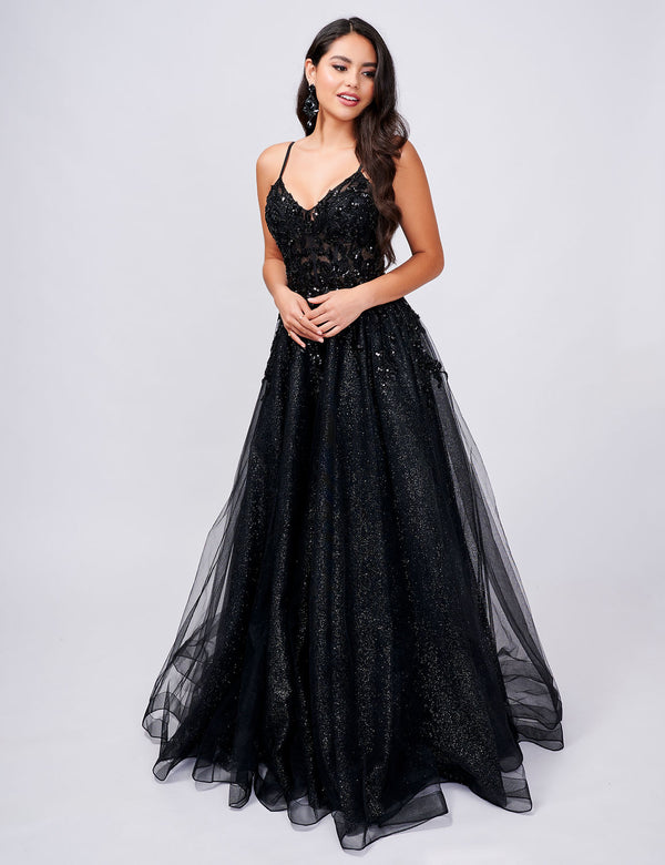Nina Canacci 3262 A Line Slit Lace Sequin Prom Dress