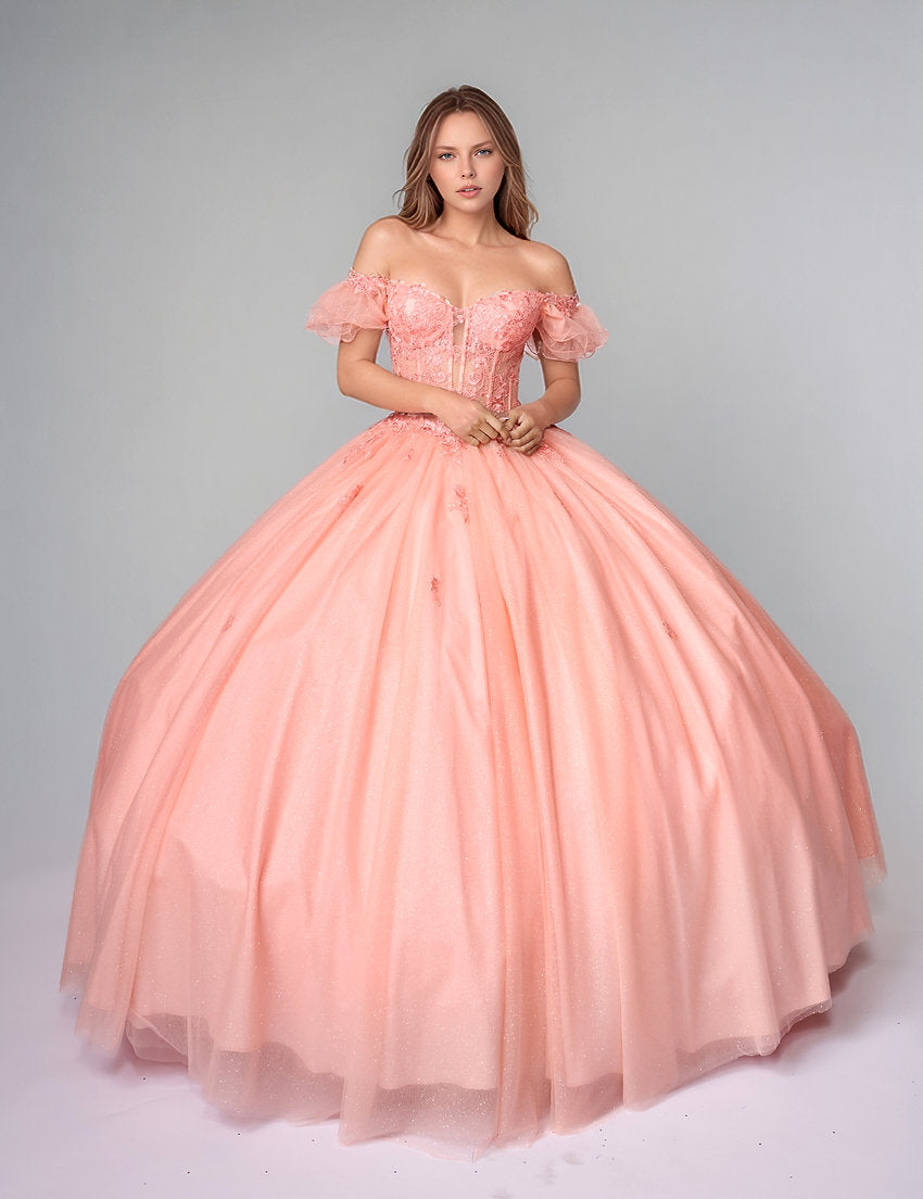 Quinceniera Dresses Long Glitter Corset Ball Gown Quinceniera Dress Nina Canacci Q2025 Coral