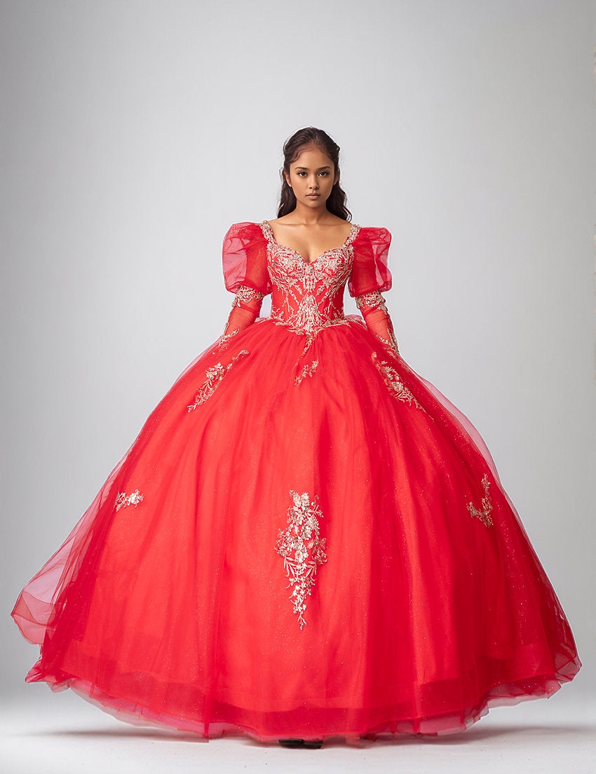 Quinceniera Dresses Long Sleeve Ball Gown Corset Quinceniera Dress Nina Canacci Q133 Red