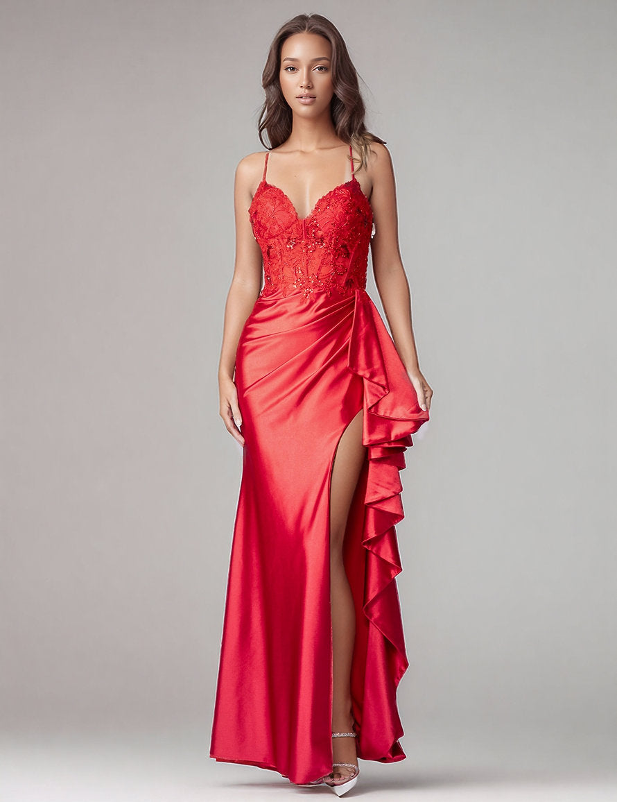 Prom Dresses Corset Long Formal Evening Prom Dress - Ruffle - Nina Canacci 8303 Red-Satin-8303-Beaded