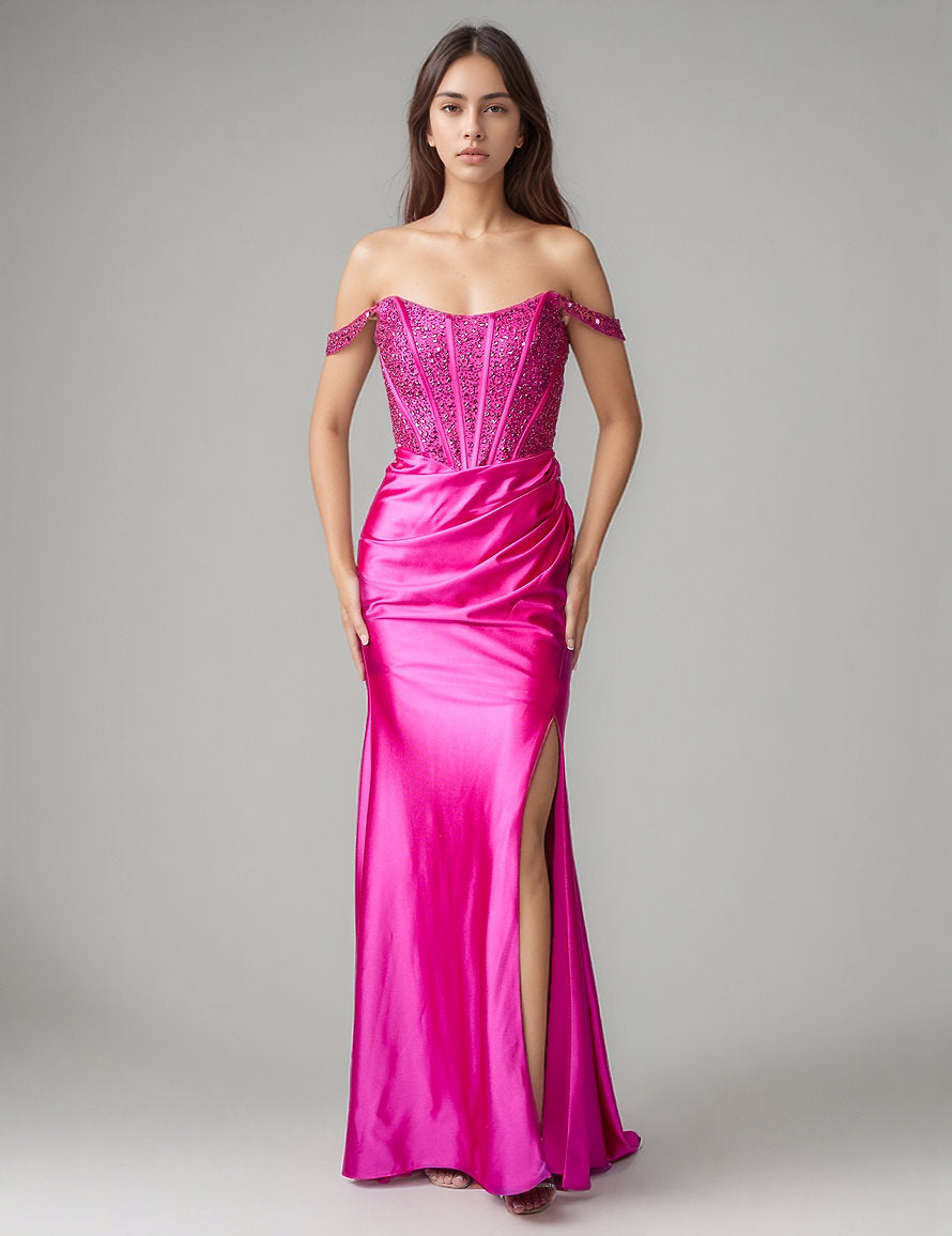 Prom Dresses Long Formal Prom Beaded Dress - Corset - Nina Canacci 8301 Magenta-Satin-8301-Beaded