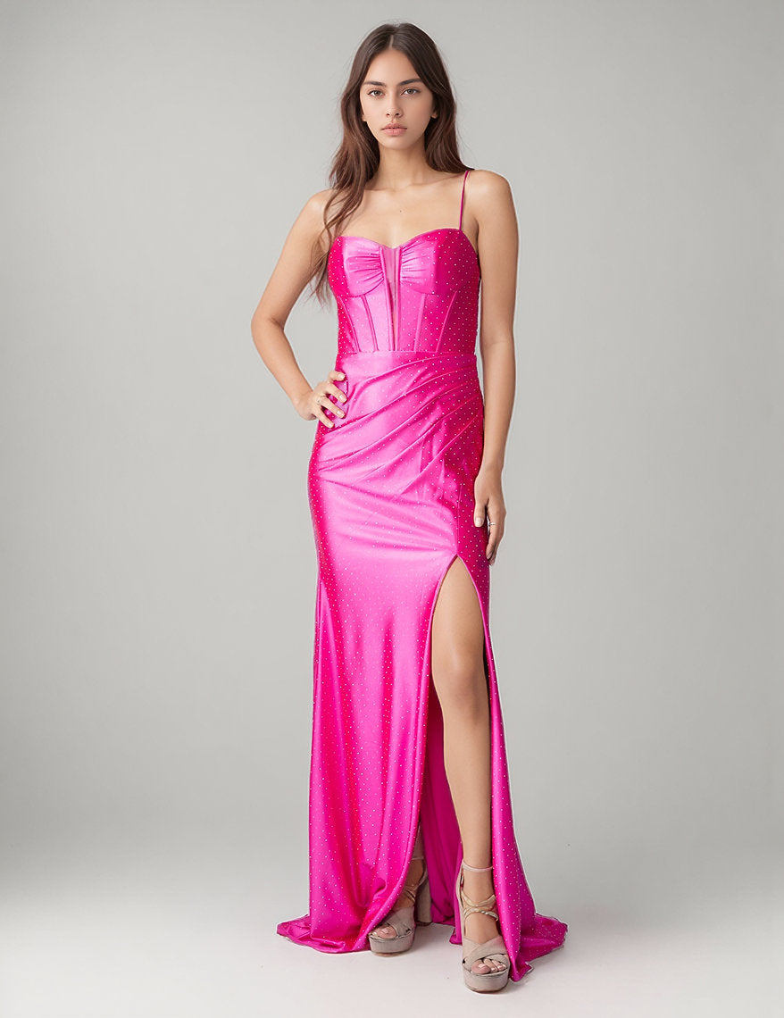 Prom Dresses Corset Slit Long Formal Prom Dress Nina Canacci 1617 Fuchsia