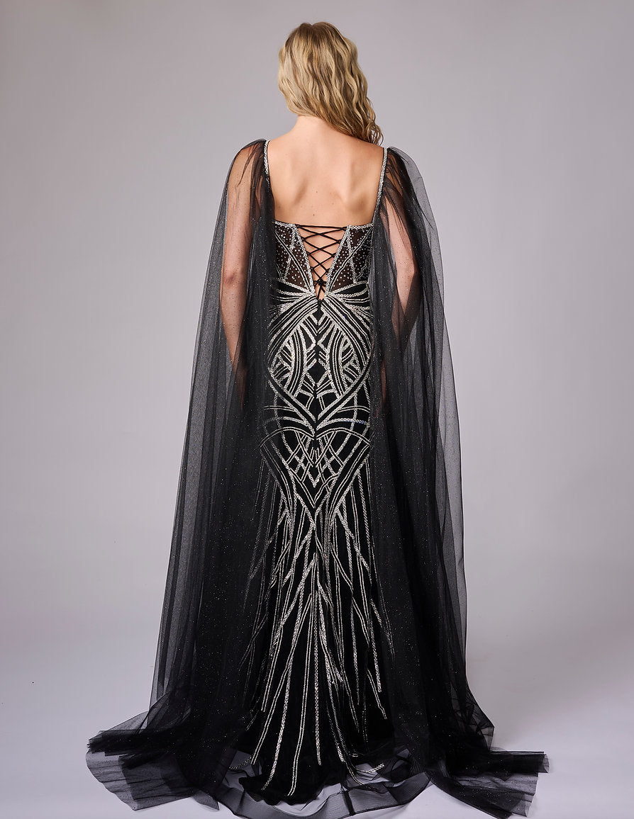 Mother of the Bride Dresses Beaded Long Formal Mother of the Bride Dress - Cape - Nina Canacci 8305 Black/Silver-Satin-8305-Beaded