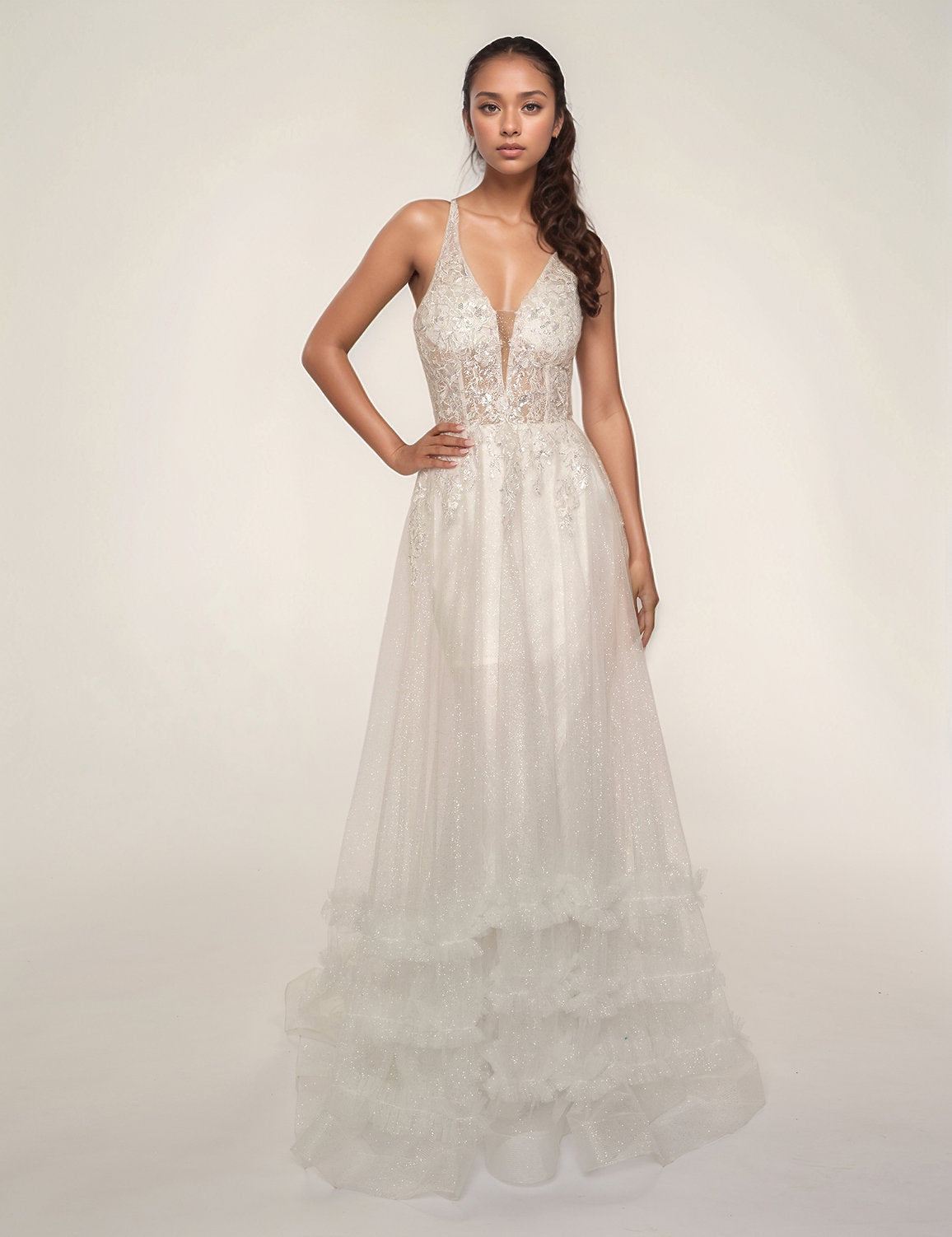 Nina Canacci 7607 Long A Line Ruffle Sequin Wedding Dress