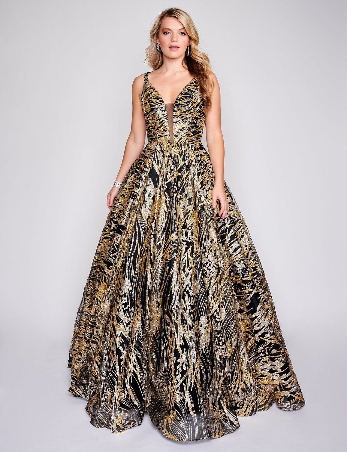 Nina Canacci 8209 A Line Long Glitter Print Formal Prom Dress