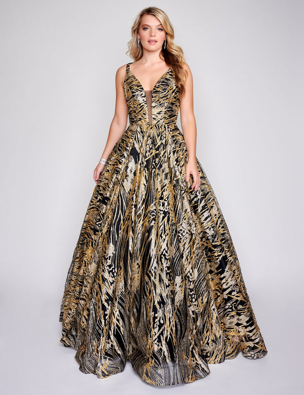 Nina Canacci 8209 A Line Long Glitter Print Formal Prom Dress