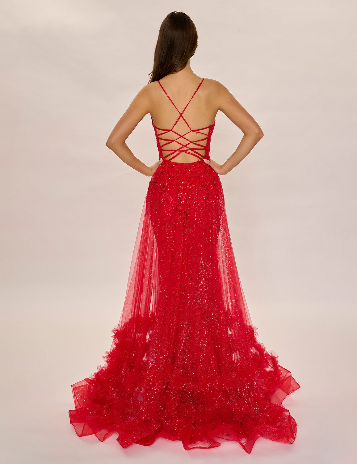 Nina Canacci 7607 Overskirt Long A Line Formal Ruffle Sequin Prom Dress