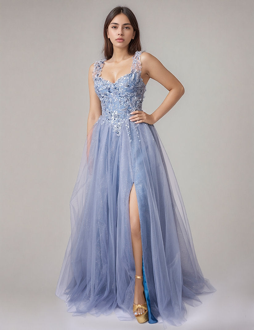 Prom Dresses Long Formal Beaded A Line Prom Dress Nina Canacci 5400 Steel Blue