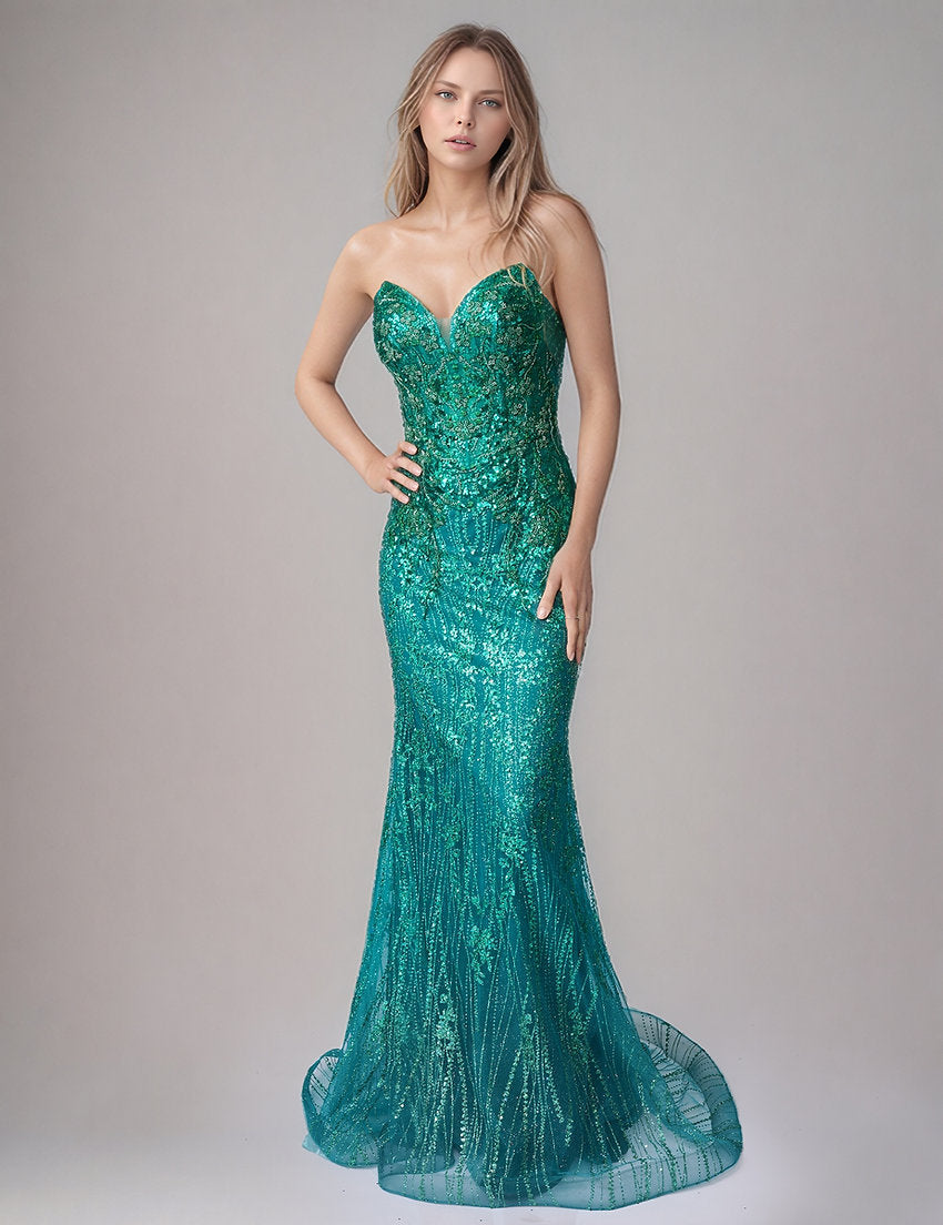 Prom Dresses Long Beaded Formal Prom Fitted Dress Nina Canacci 7661 Green