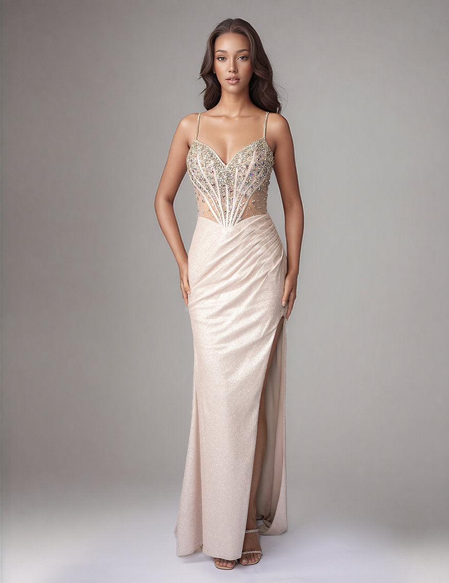 Prom Dresses Long Slit Formal Prom Dress Nina Canacci 1595 Beige