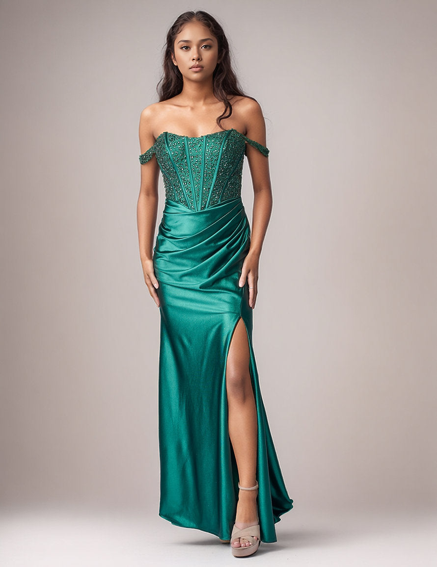 Prom Dresses Long Formal Prom Beaded Dress - Corset - Nina Canacci 8301 Emerald-Satin-8301-Beaded