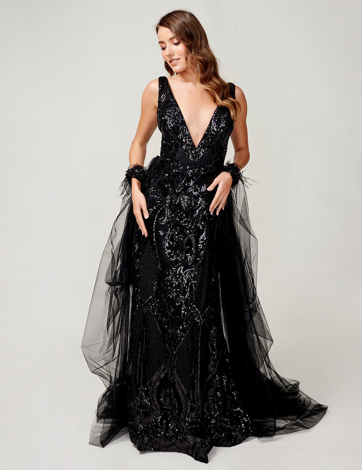 Nina Canacci 8224 Long Sequin Prom Formal Overskirt Feather Dress