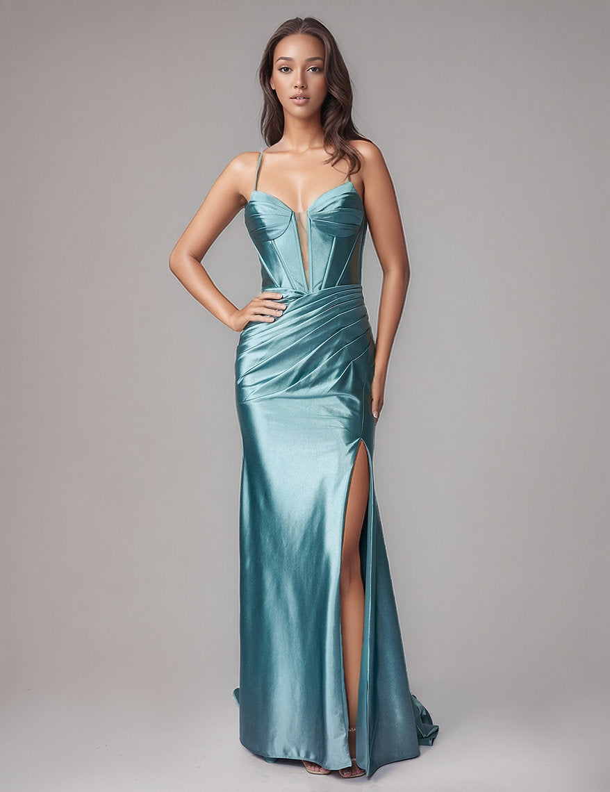 Prom Dresses Formal Long Corset Pleated Prom Dress Nina Canacci 1609 Pacific Blue