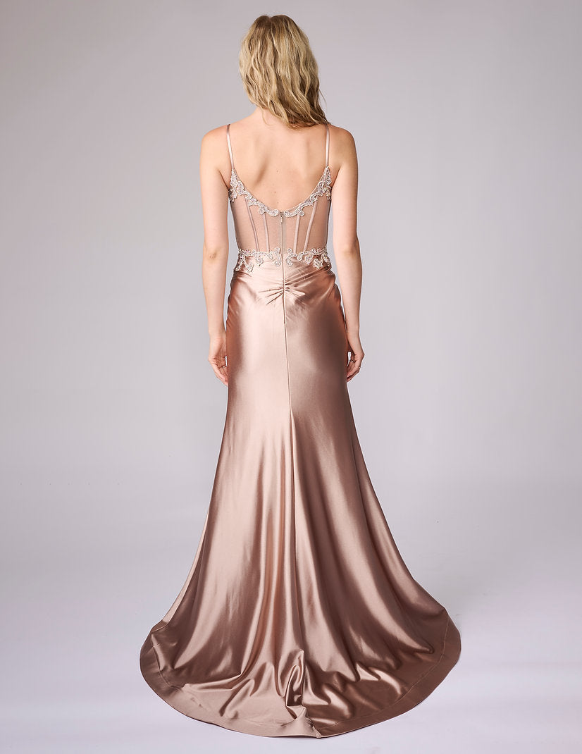 Prom Dresses Long Beaded Applique Formal Fitted Prom Dress Nina Canacci 4453 Latte