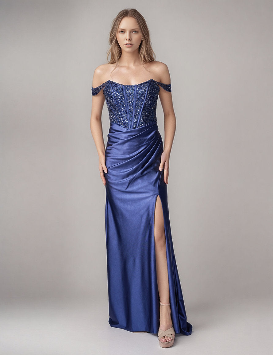 Prom Dresses Long Formal Prom Beaded Dress - Corset - Nina Canacci 8301 Navy-Satin-8301-Beaded