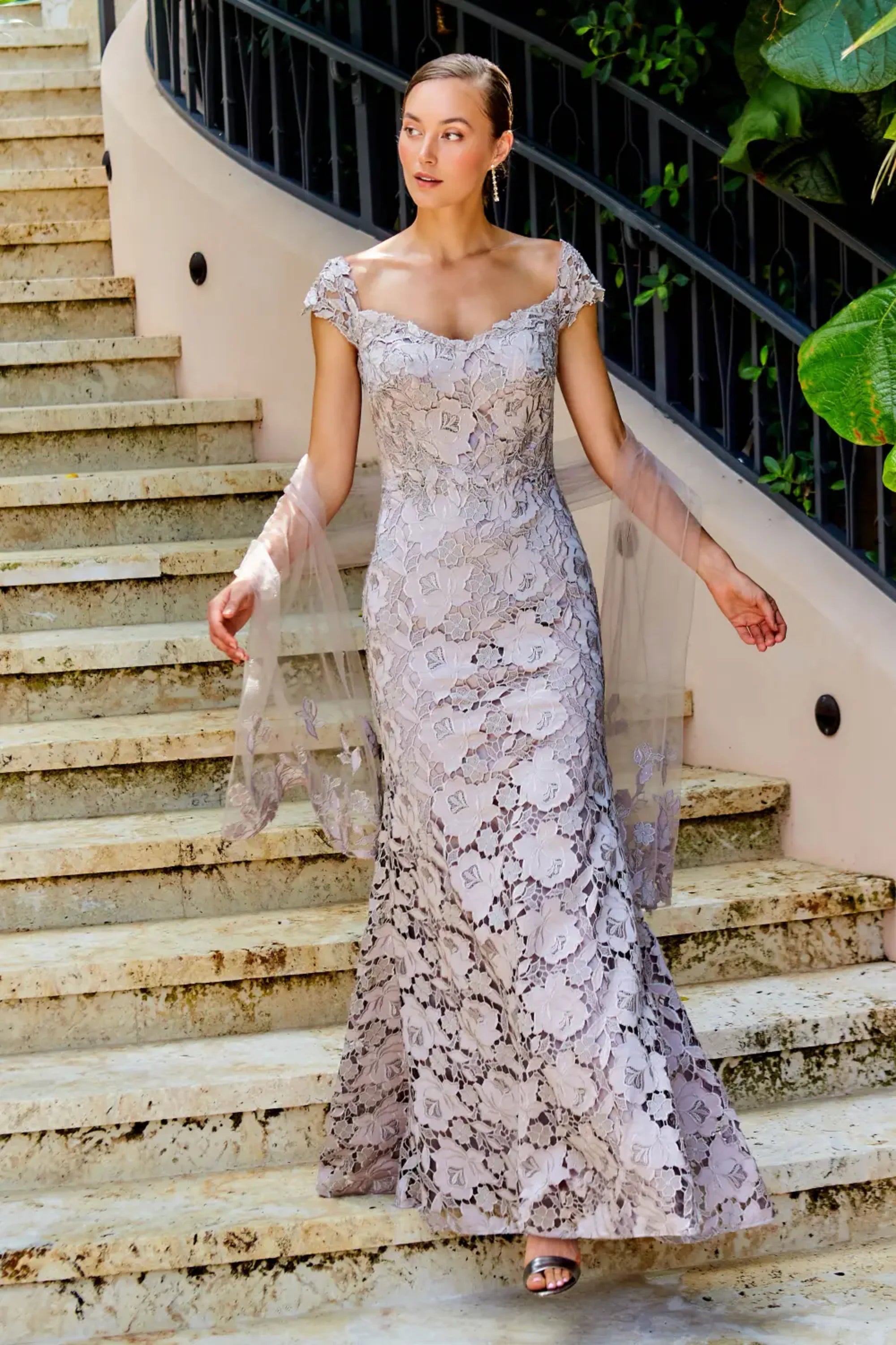 Ivonne D 122D65W Long Plus Size Formal Floral Lace Evening Dress - Mink / 18W Ivonne D 122D65W Long Plus Size Formal Floral Lace Evening Dress - Mink / 18W