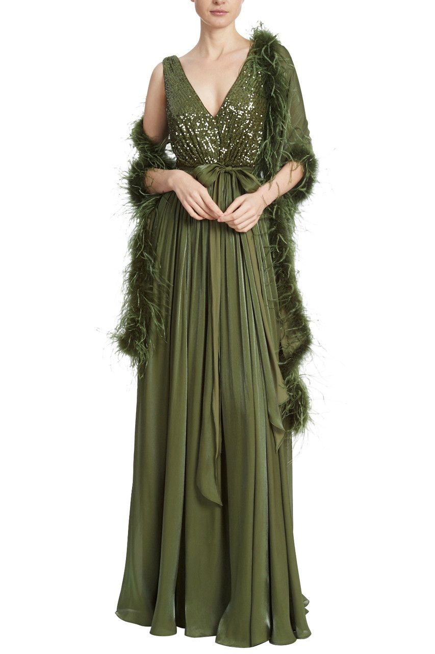 Mother of the Bride Dresses Long Sequin Feather Shawl Mother of the Bride Dress Moss