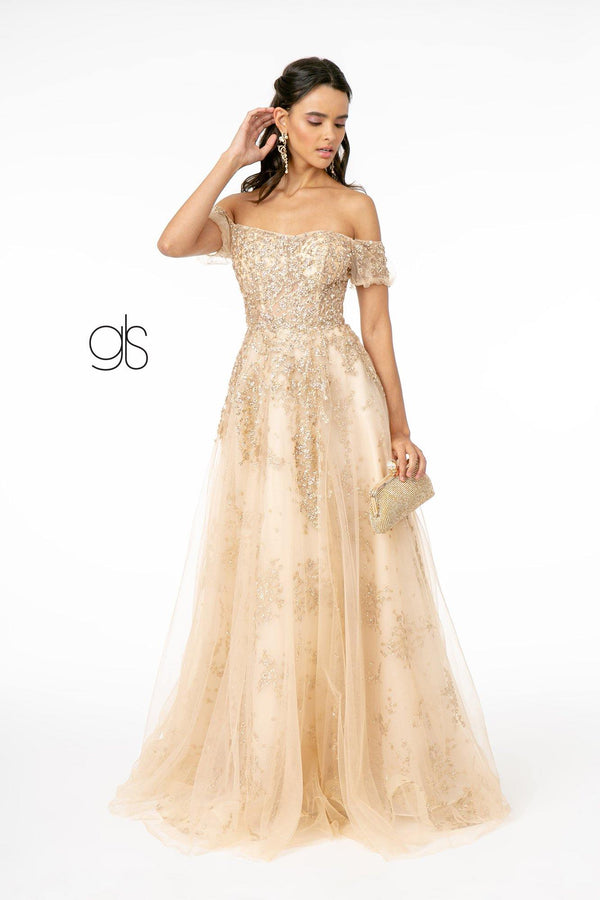 Embellished Glitter Mesh Long Prom Dress