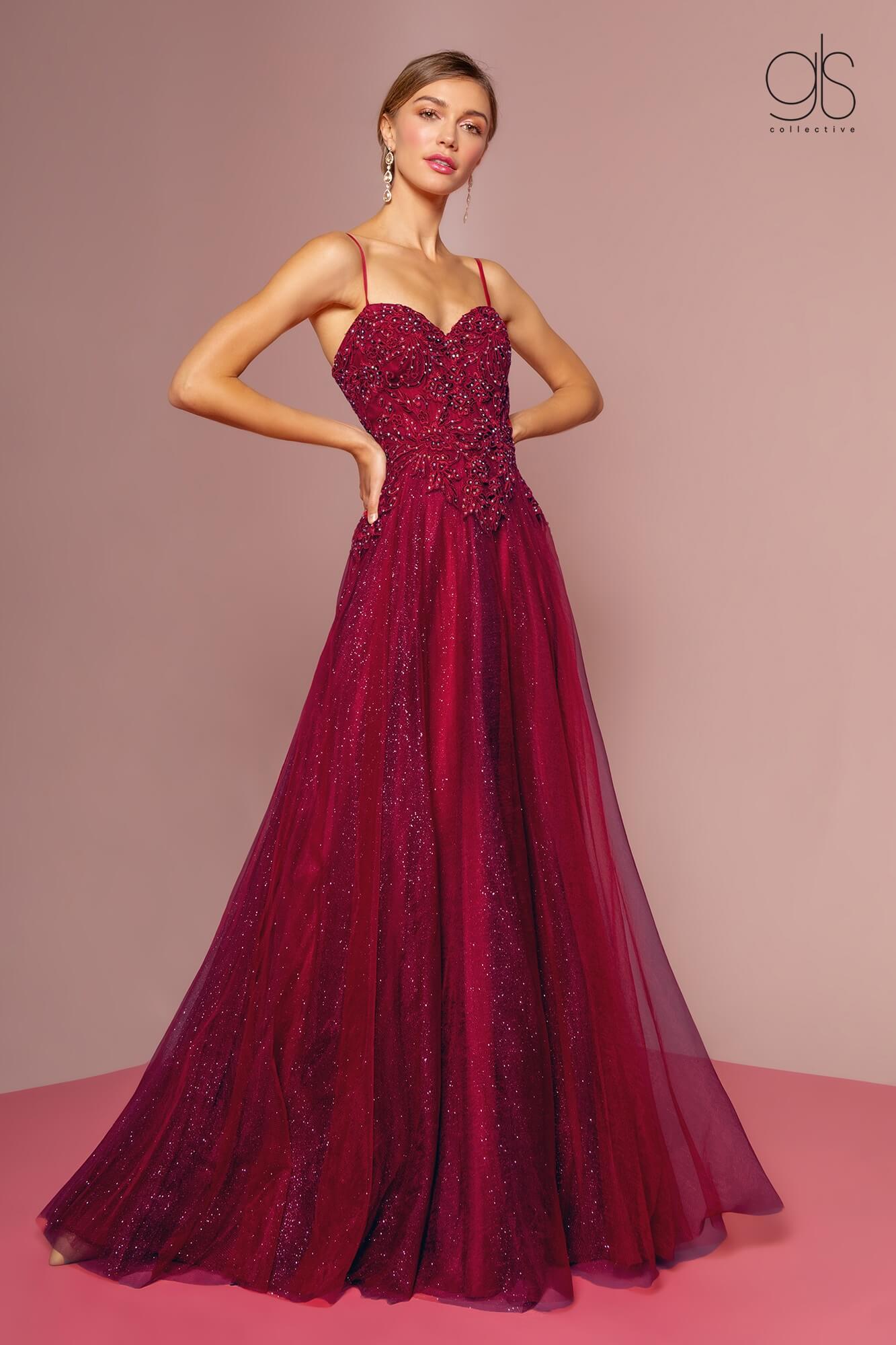 Embroidered Bodice and Mesh Glitter Floor Length Skirt - The Dress Outlet Elizabeth K