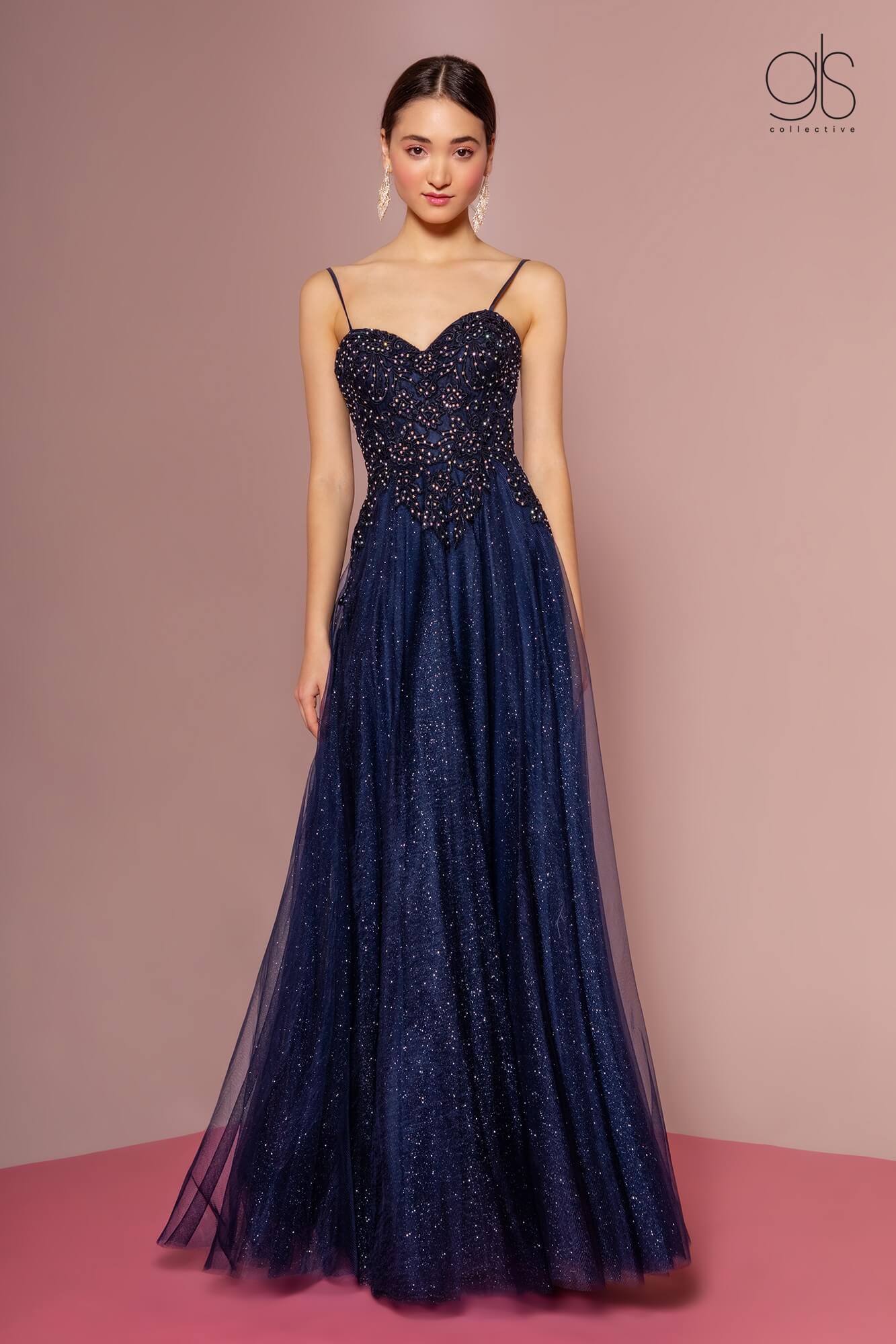 Embroidered Bodice and Mesh Glitter Floor Length Skirt