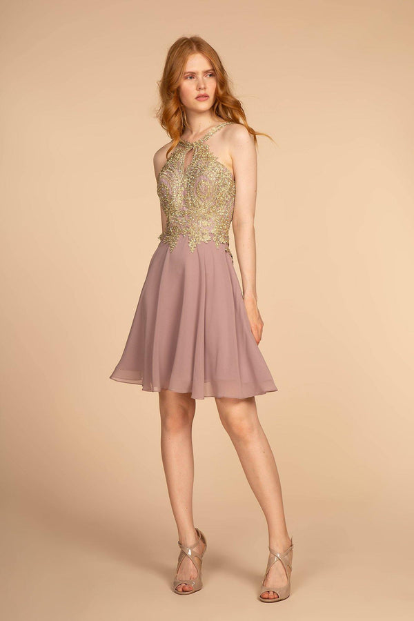 Embroidered Bodice Chiffon Short Dress